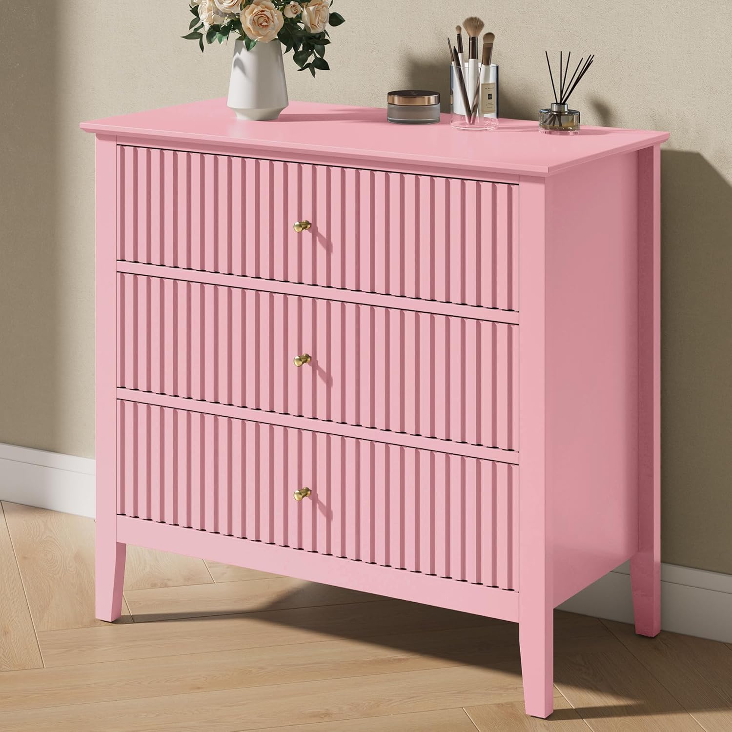 Fluted 32 inch Wide Nightstand with 3 Drawers for Bedroom