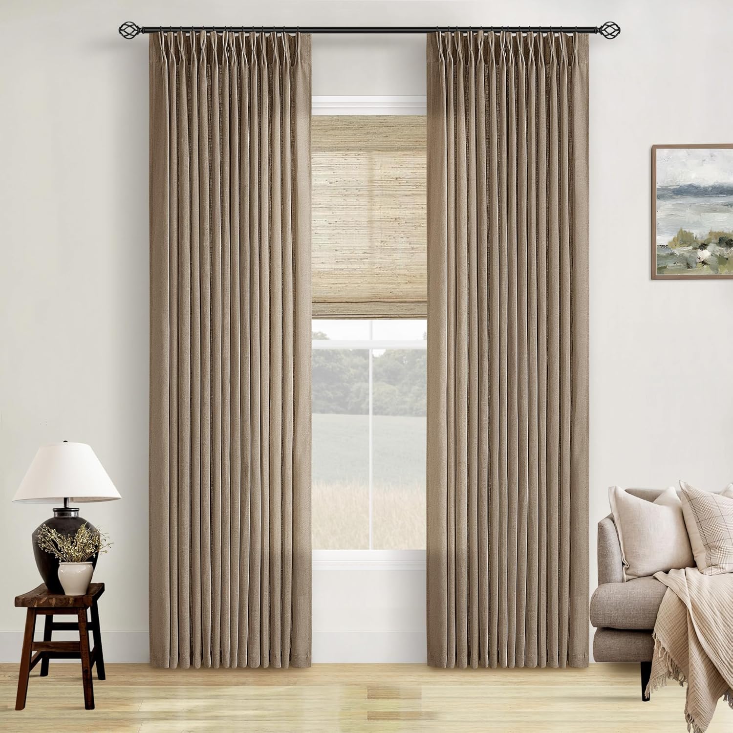 Pinch Pleated Neutral Linen Curtains for Elegant Living Spaces