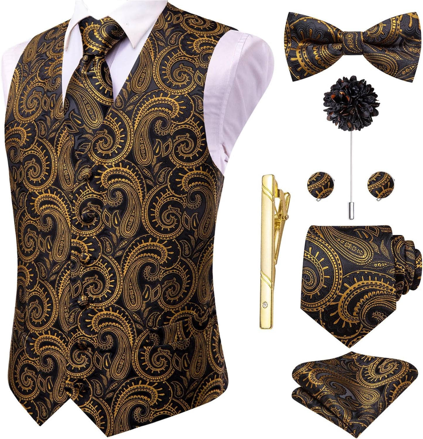 Hi-Tie Silk Mens Suit Vest Set with Tie, Bowtie and Accessories