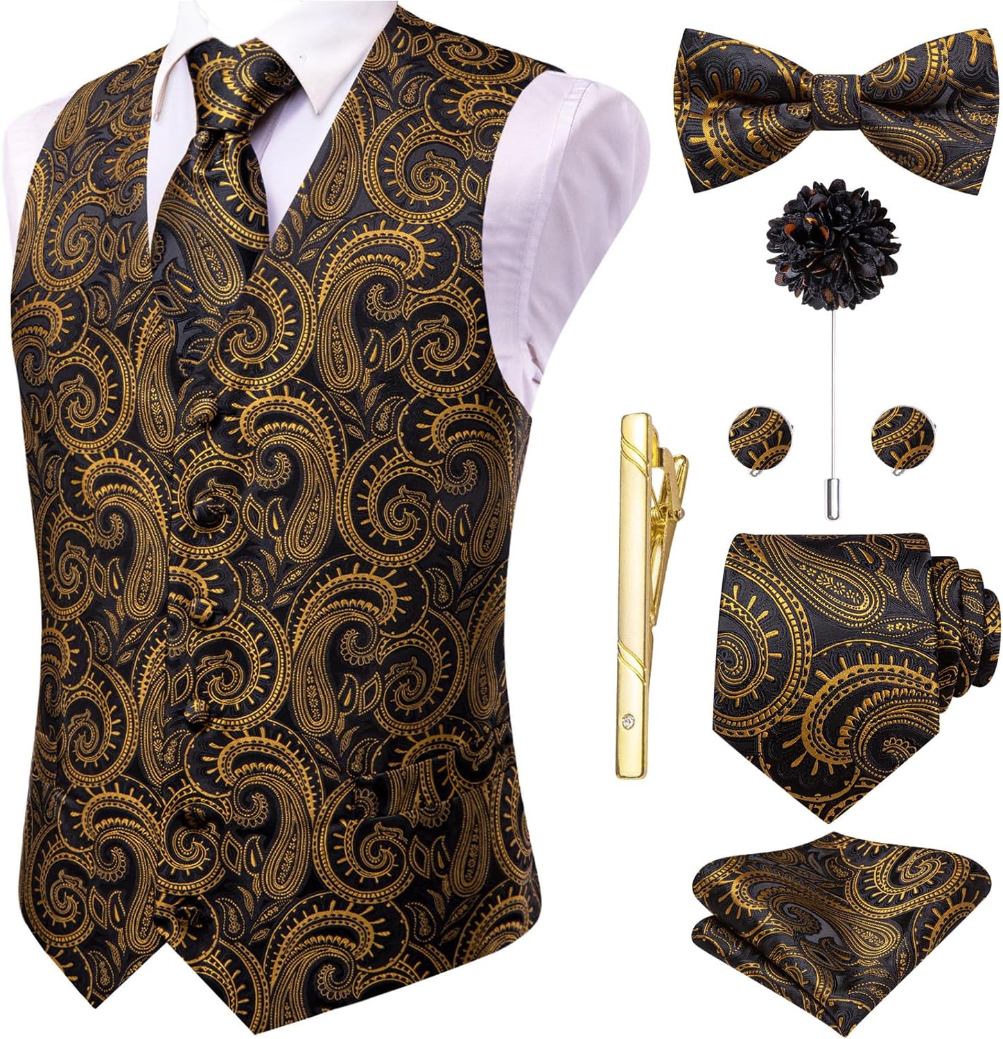 Hi-Tie Silk Mens Suit Vest Set with Tie, Bowtie and Accessories