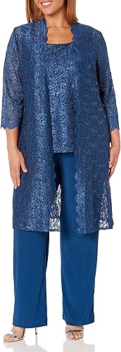 R&M Richards Women's Tank Top and Pant Set with Sheer Lace Jacket