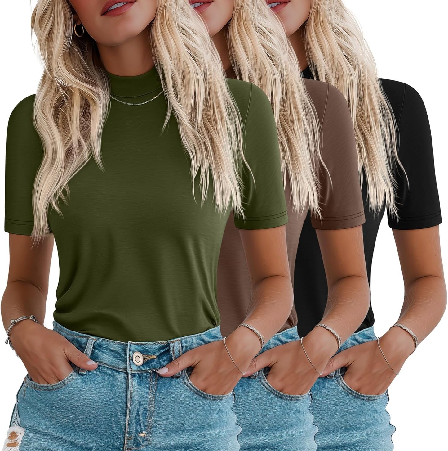 Ficerd 3 Pack Women's Half Sleeve Mock Turtleneck Shirts