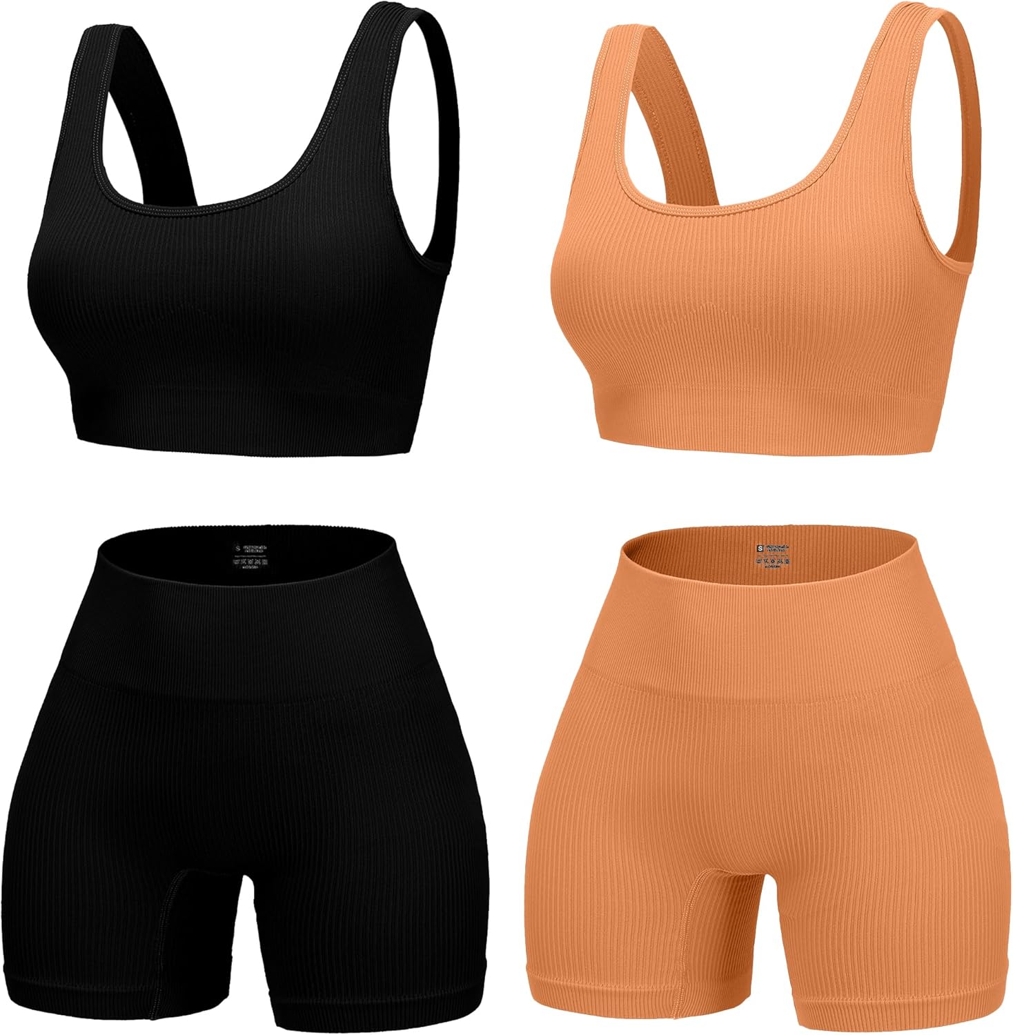 4 Piece Workout Sets for Women Seamless Ribbed High Waist Yoga