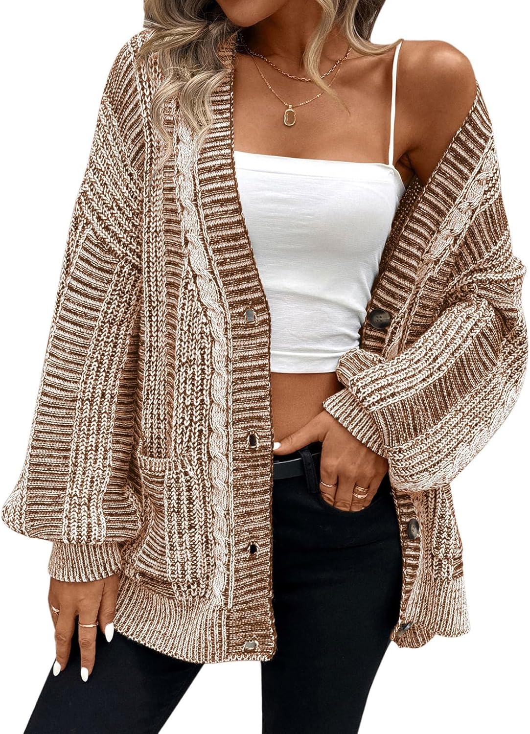 Pink Queen Women's Oversized Cable Knit Cardigan Sweater for Fall
