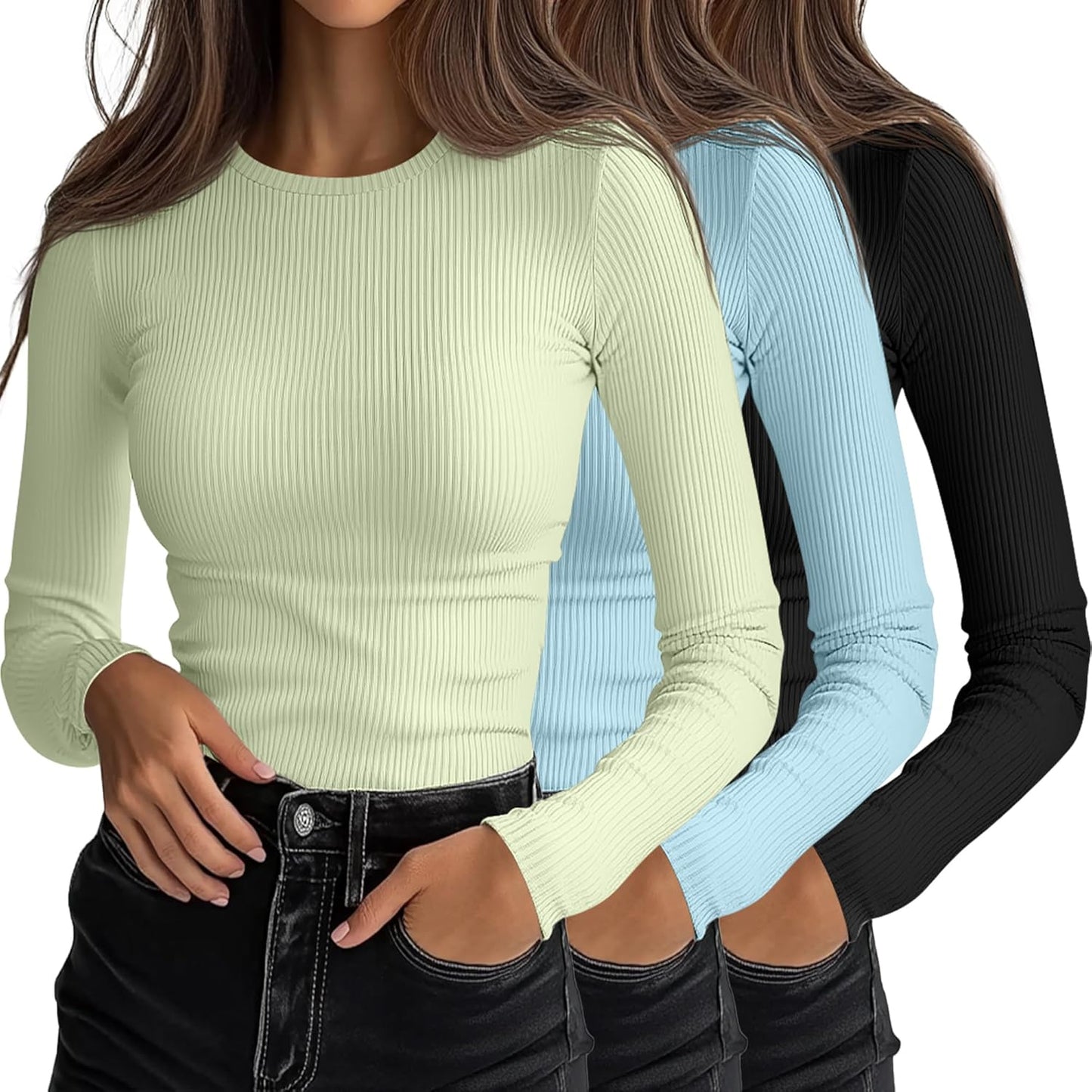 Ficerd 3 Pack Women's Ribbed Long Sleeve Tops for Every Occasion