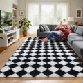 5x7 Area Rug Black and White Checkered - Soft Fluffy Shag Rug