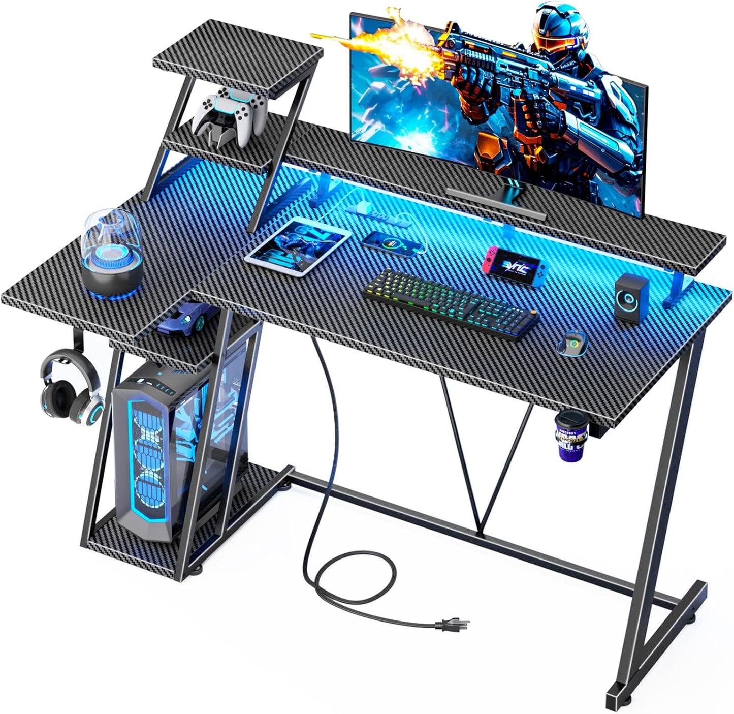 47 Inch Gaming Desk with LED Lights & Power Outlet for Gamers