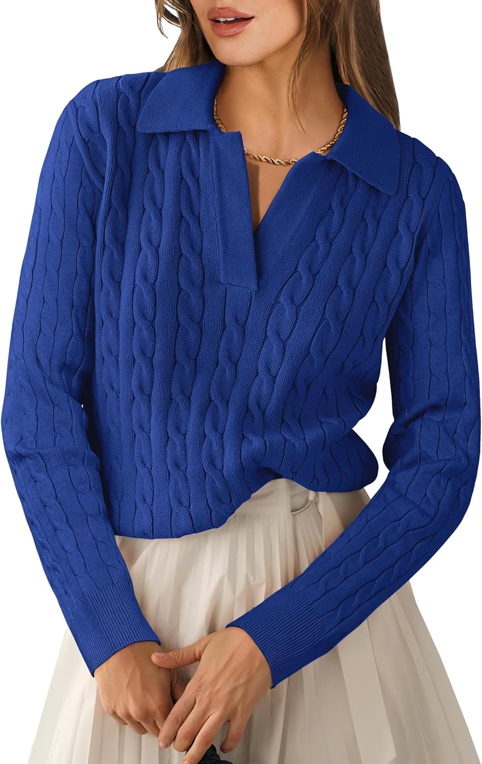 Womens Cable Knit Sweaters Long Sleeve V Neck Casual Tops