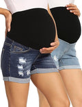 Maternity Denim Shorts High Waist Distressed Cuffed Hem - Comfortable