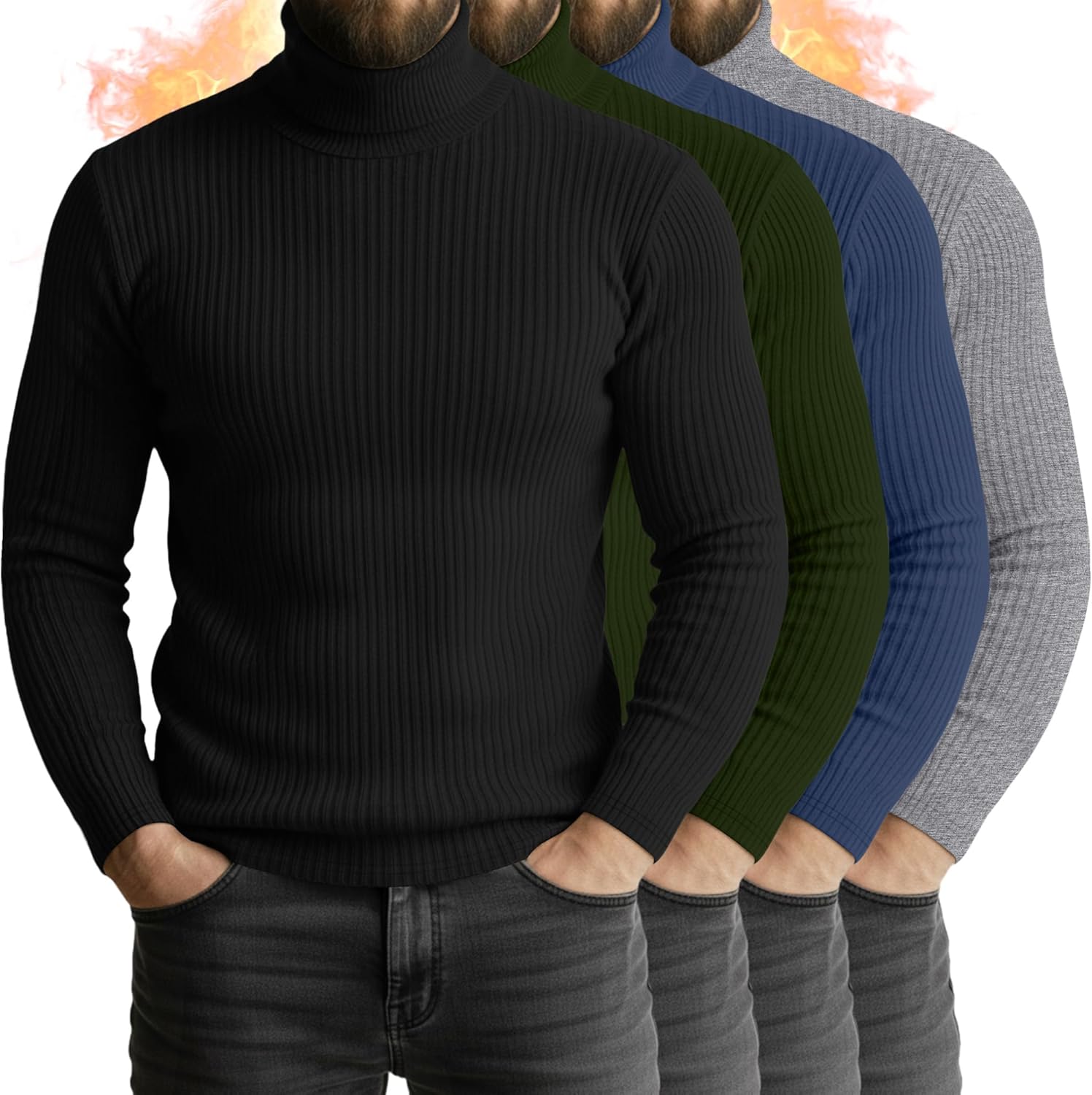 4 Pack Men's Turtleneck Long Sleeve Shirts for Casual Wear