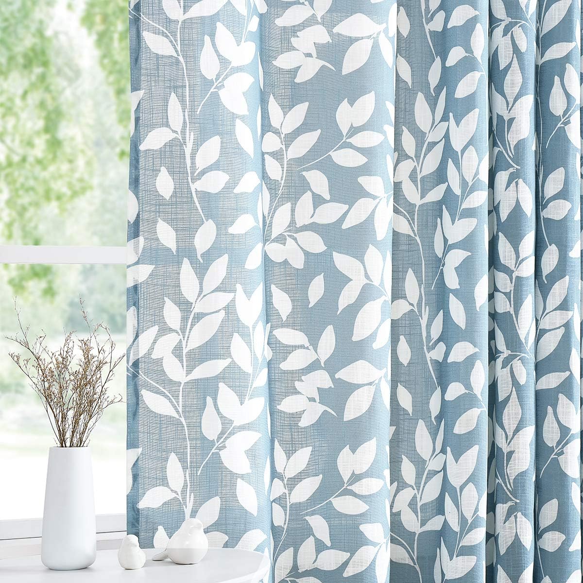 White Blue Leaf Print Semi-Sheer Curtains for Living Room