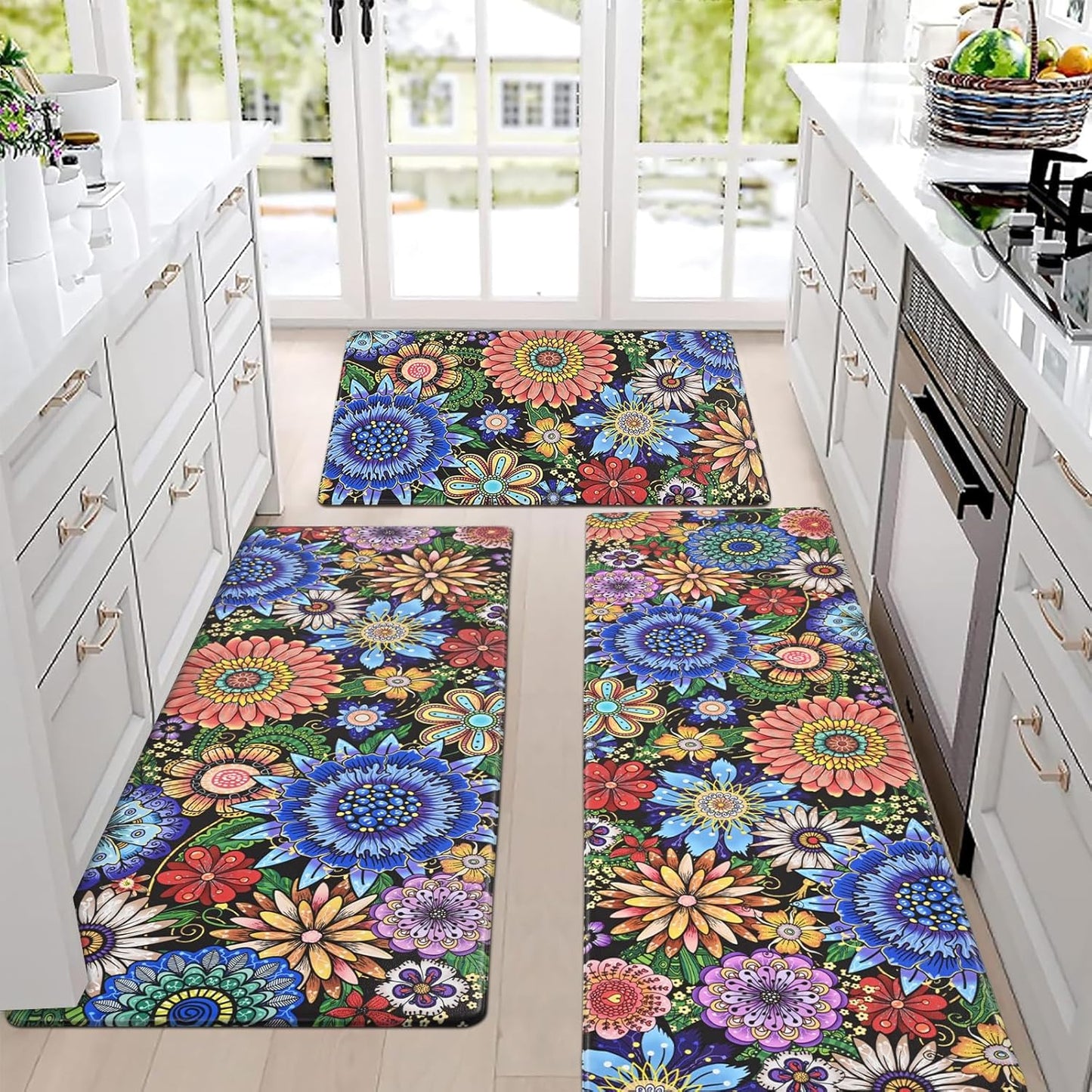 Boho Kitchen Rugs Set - Floral Anti Fatigue Mats for Comfort