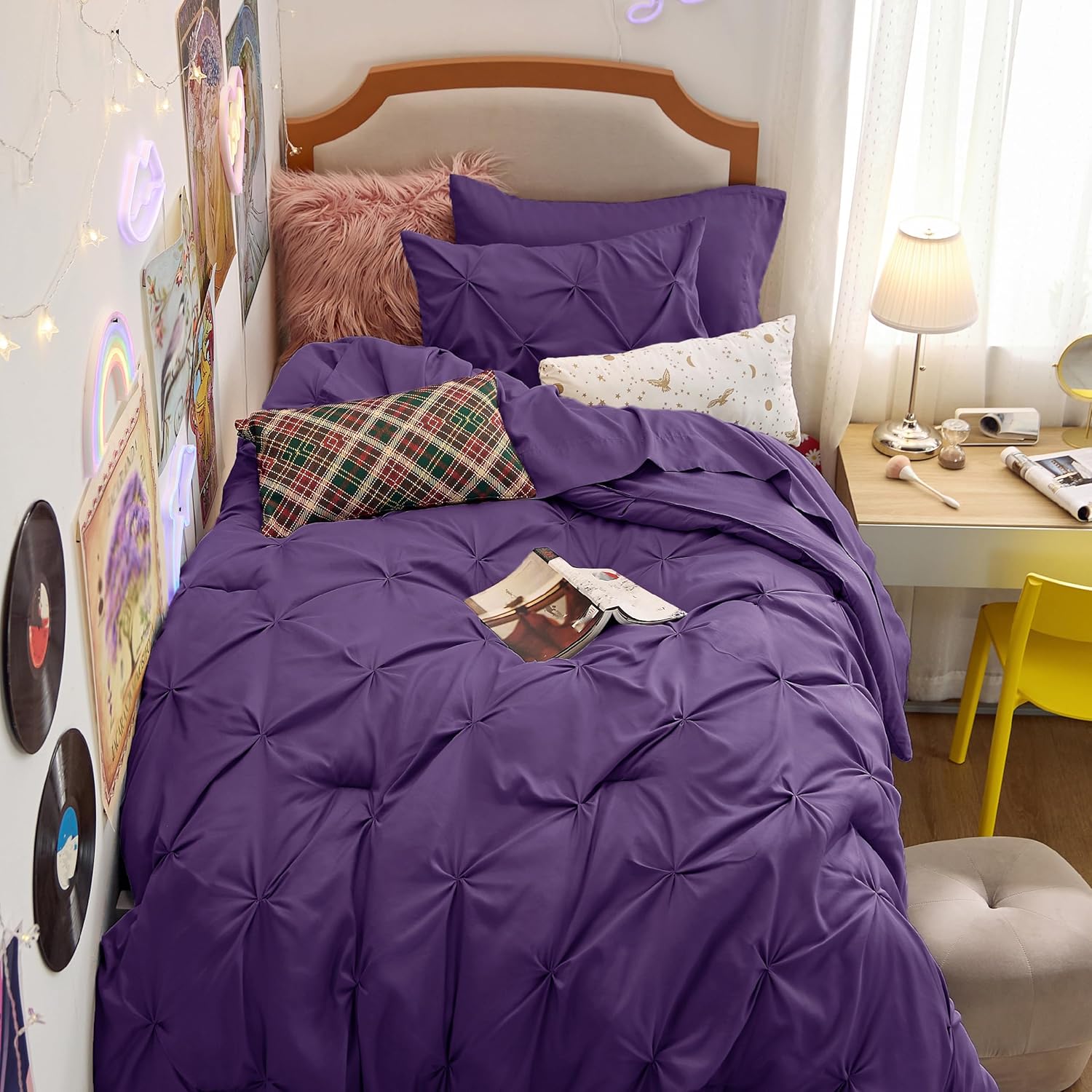 Bedsure Twin Comforter Set Purple - Soft Pintuck Bed in a Bag