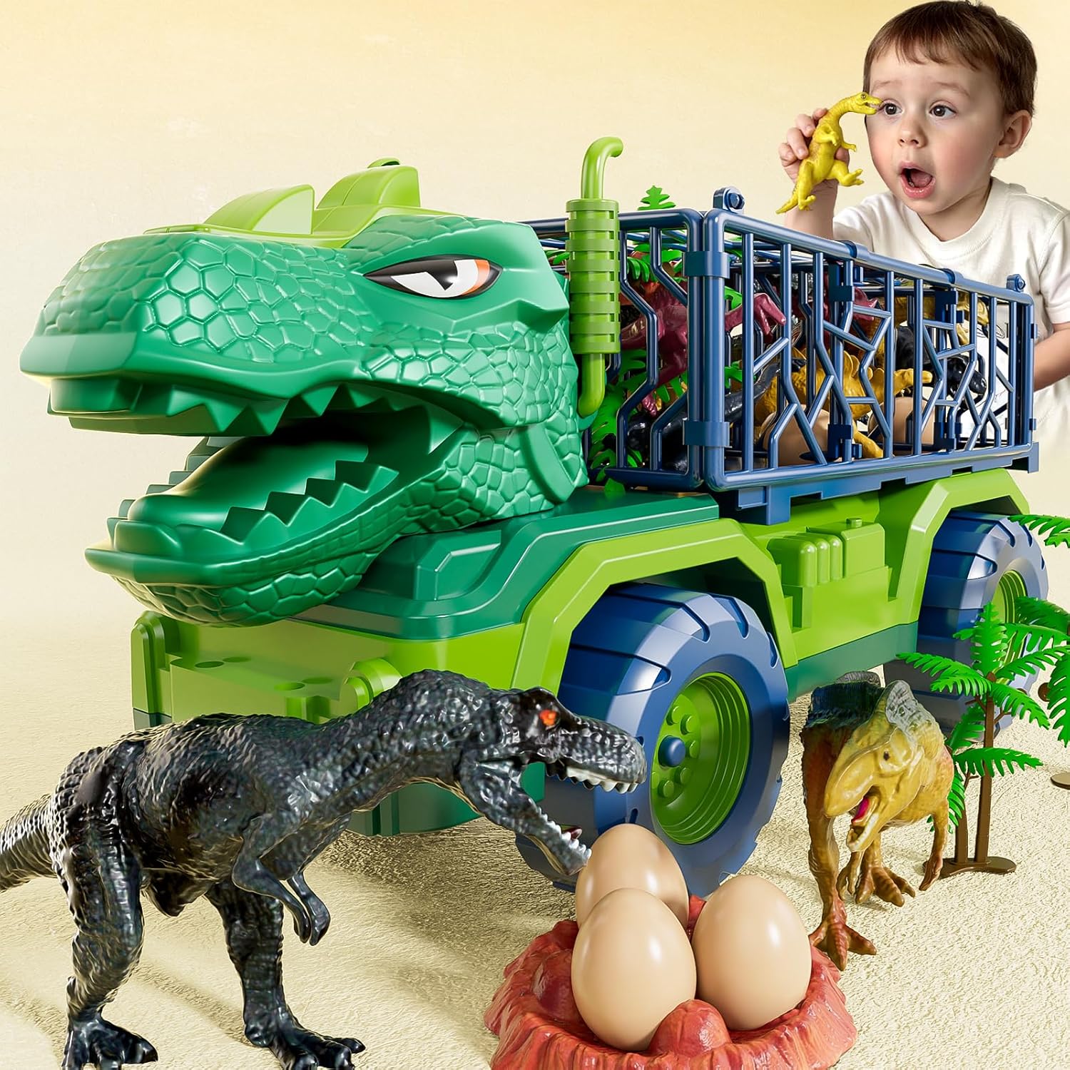 Dinosaur Truck for Kids 2-4 with Action Figures and Play Mat