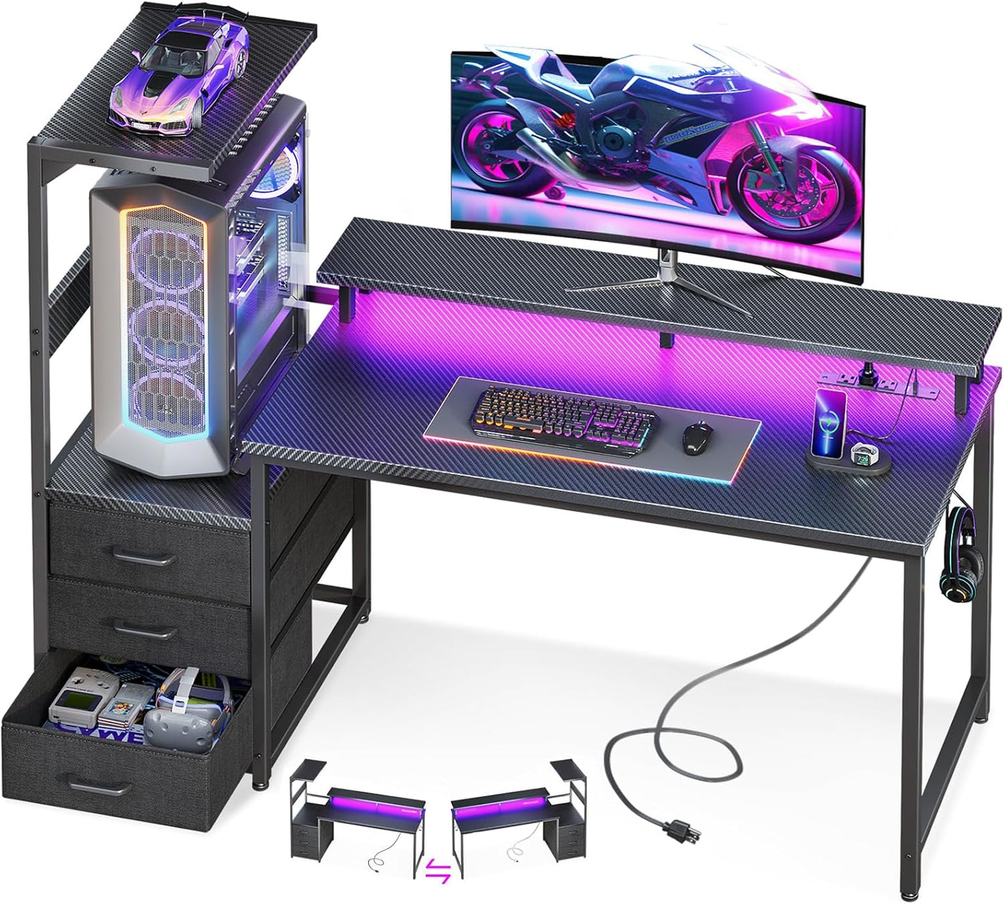 AODK 52 Inch Gaming Desk with LED Lights and USB Ports