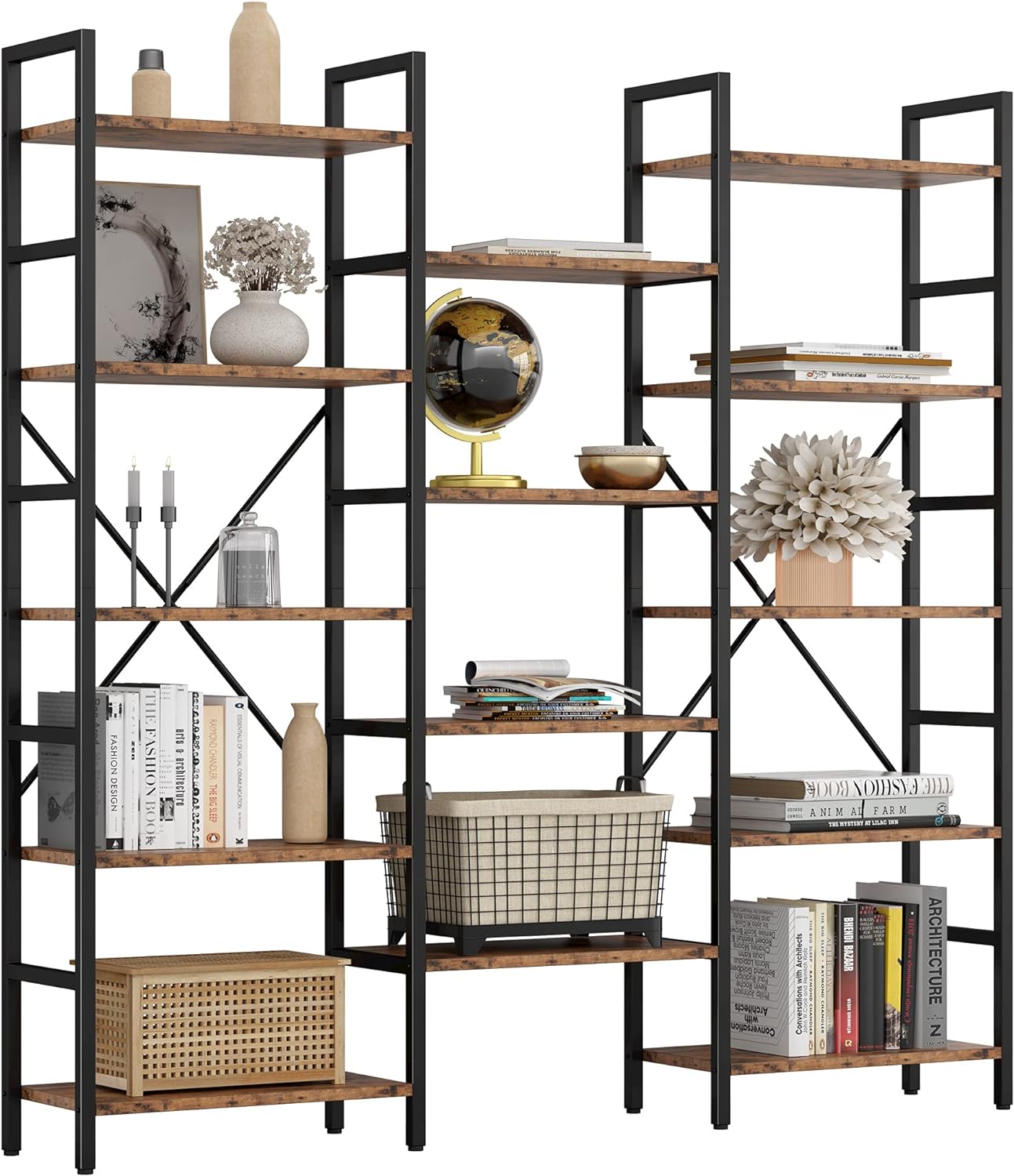 IRONCK Triple Wide 5 Tier Industrial Bookshelf for Home Office