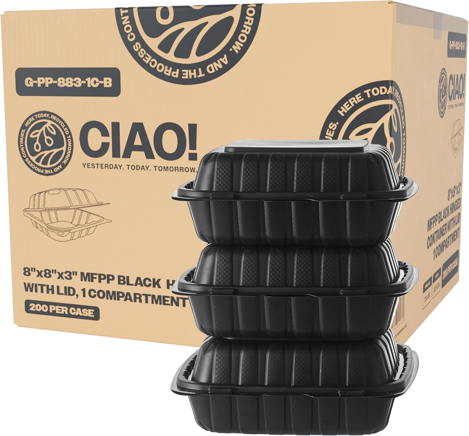 CIAO! 8x8x3 MFPP Black Hinged Container for Takeout Needs