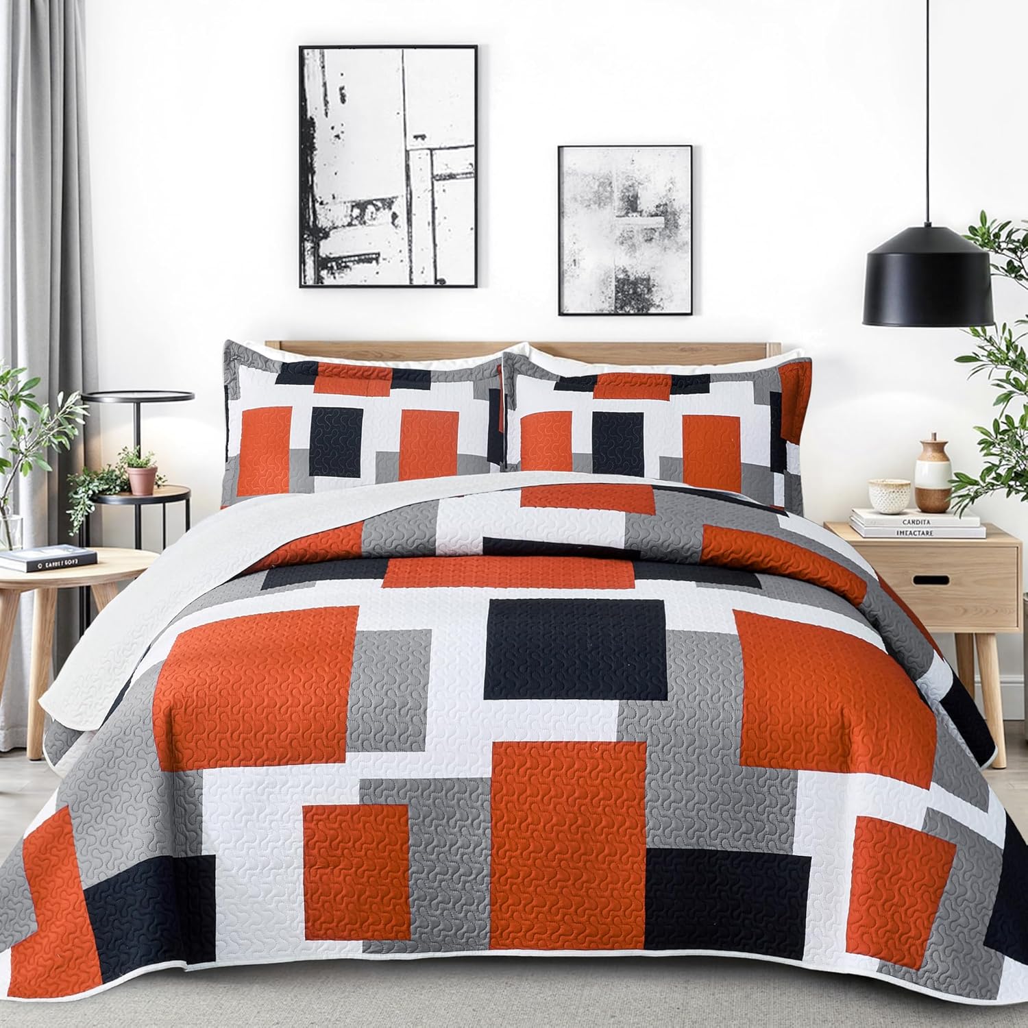 3 Piece Orange Grey Quilt Set for California King Size Beds