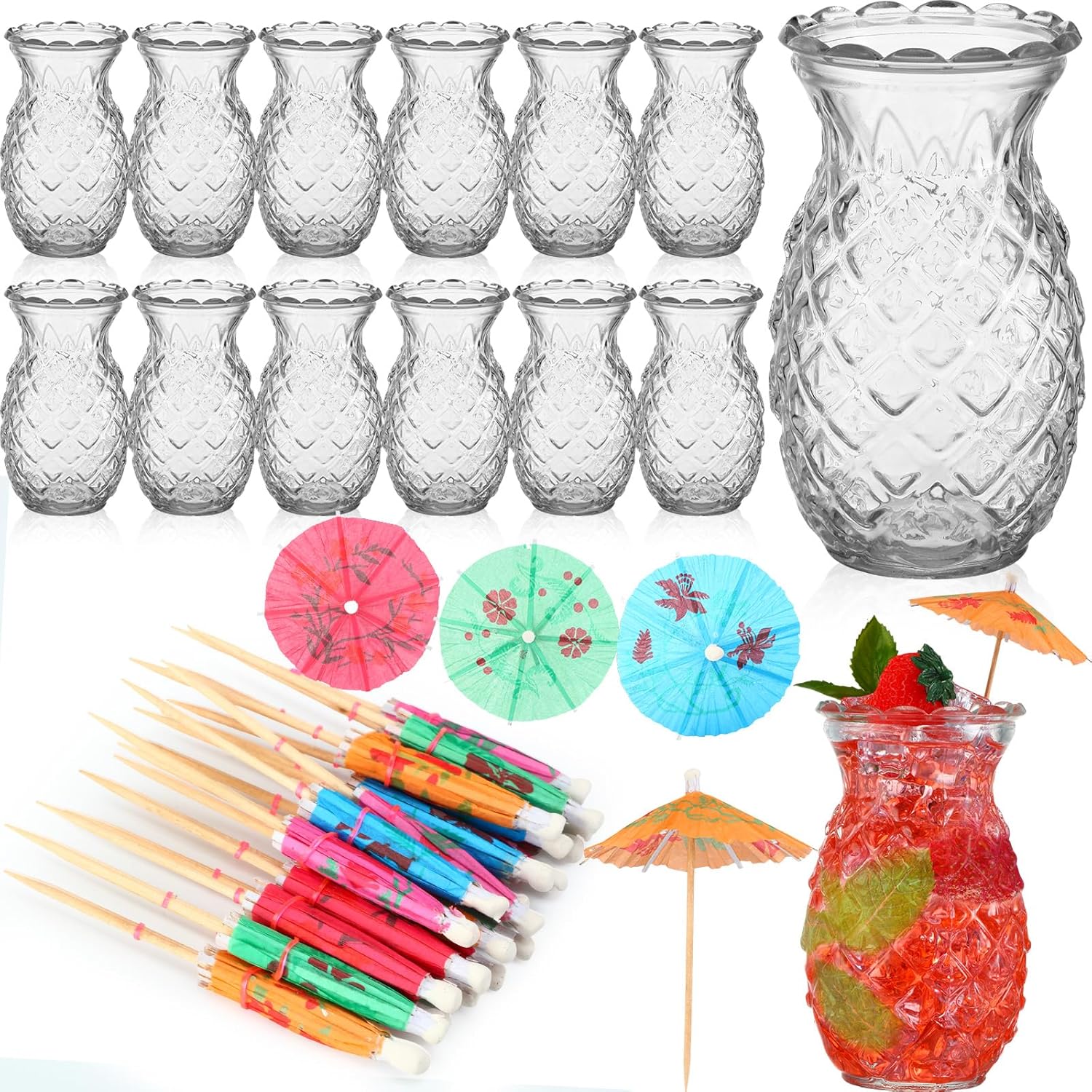 Tioncy 20 Pineapple Glasses & Candy Cane Umbrellas Set - Party Perfect!