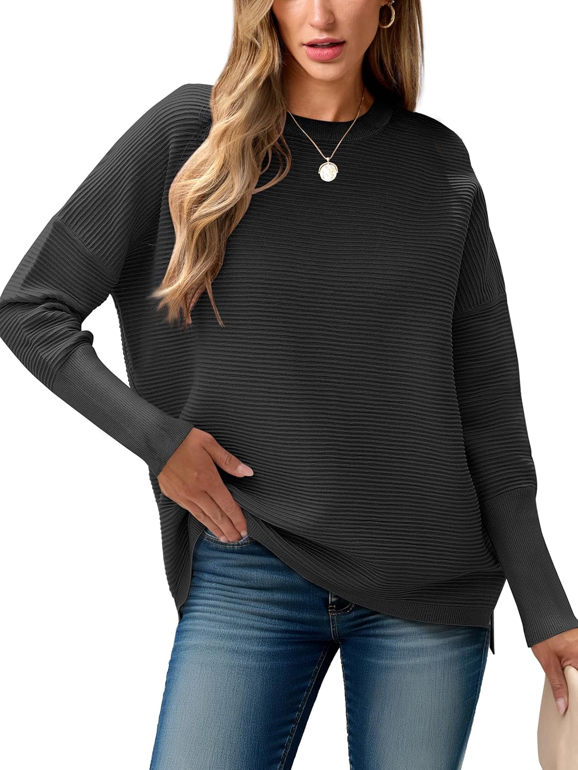 Oversized Batwing Long Sleeve Ribbed Knit Sweater for Women