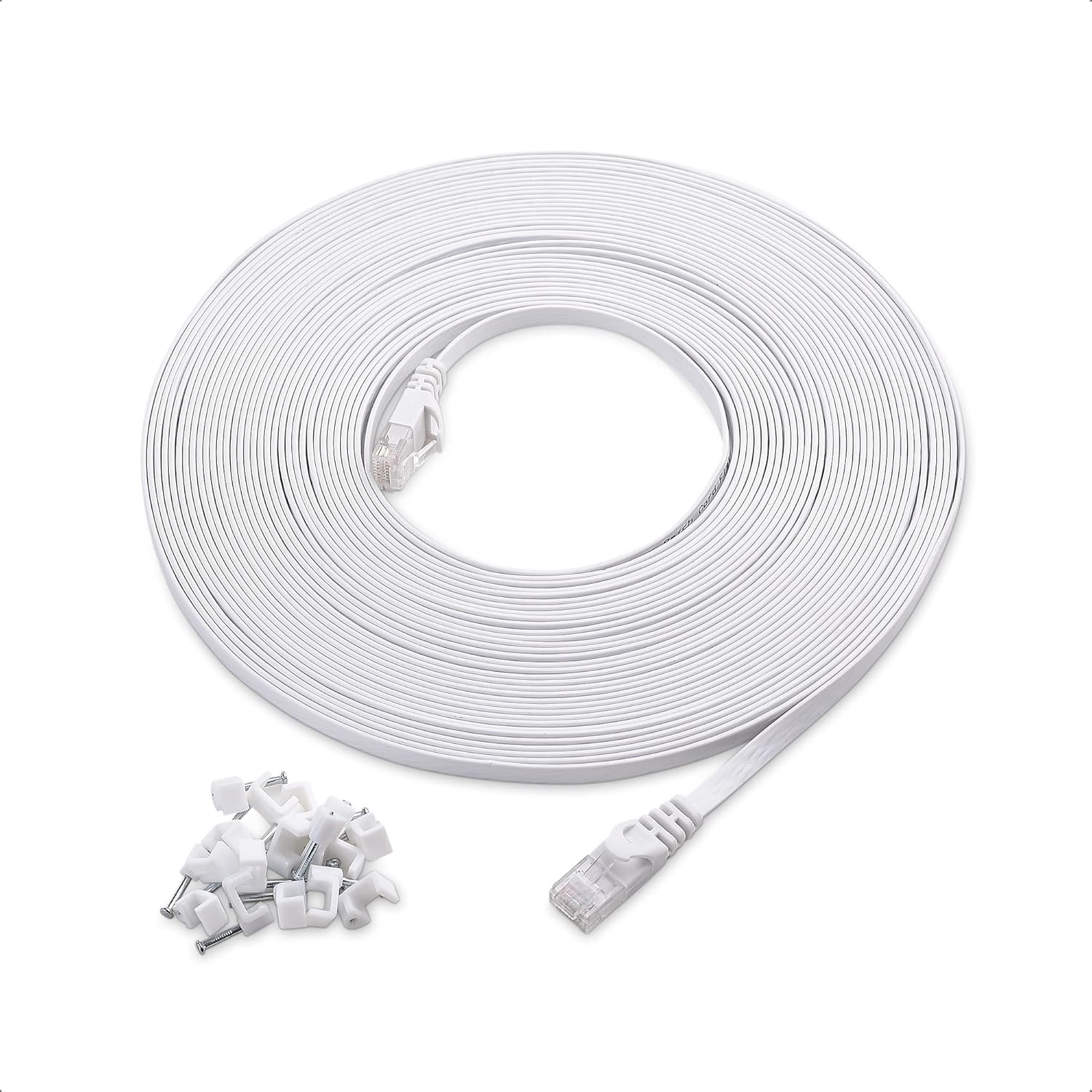 Long 50ft White Cat6 Ethernet Cable + Clips