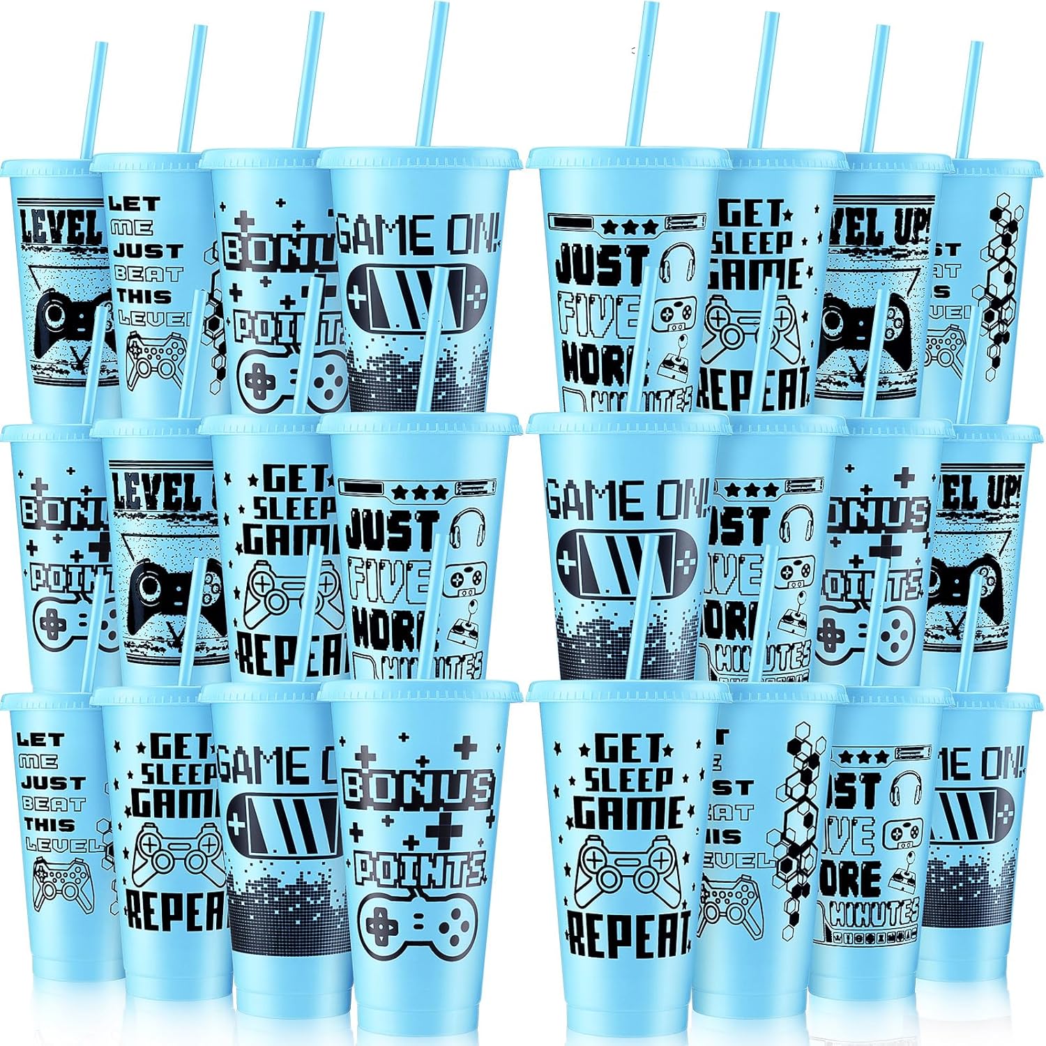 Mifoci Video Game Plastic Cups with Lids and Straws for Parties