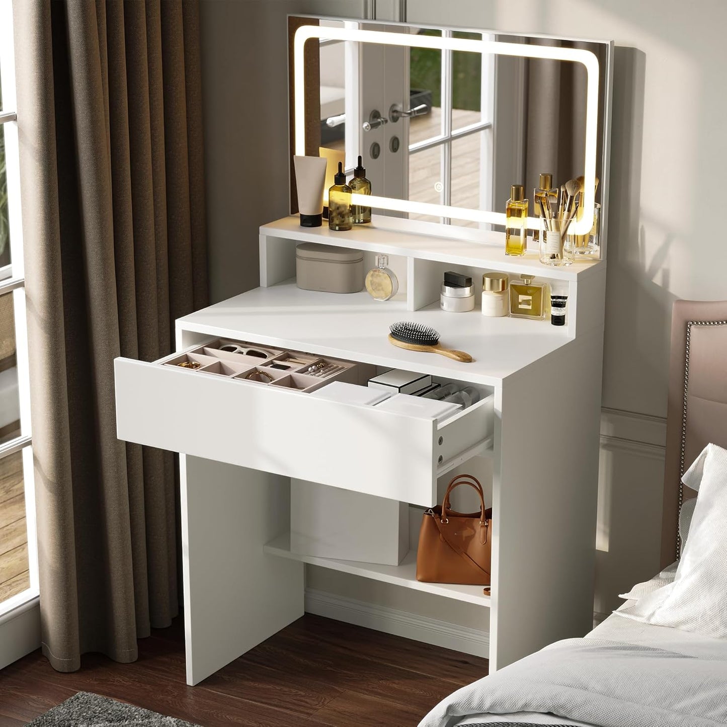 Dowinx Small Vanity Desk with Mirror and Lights for Makeup