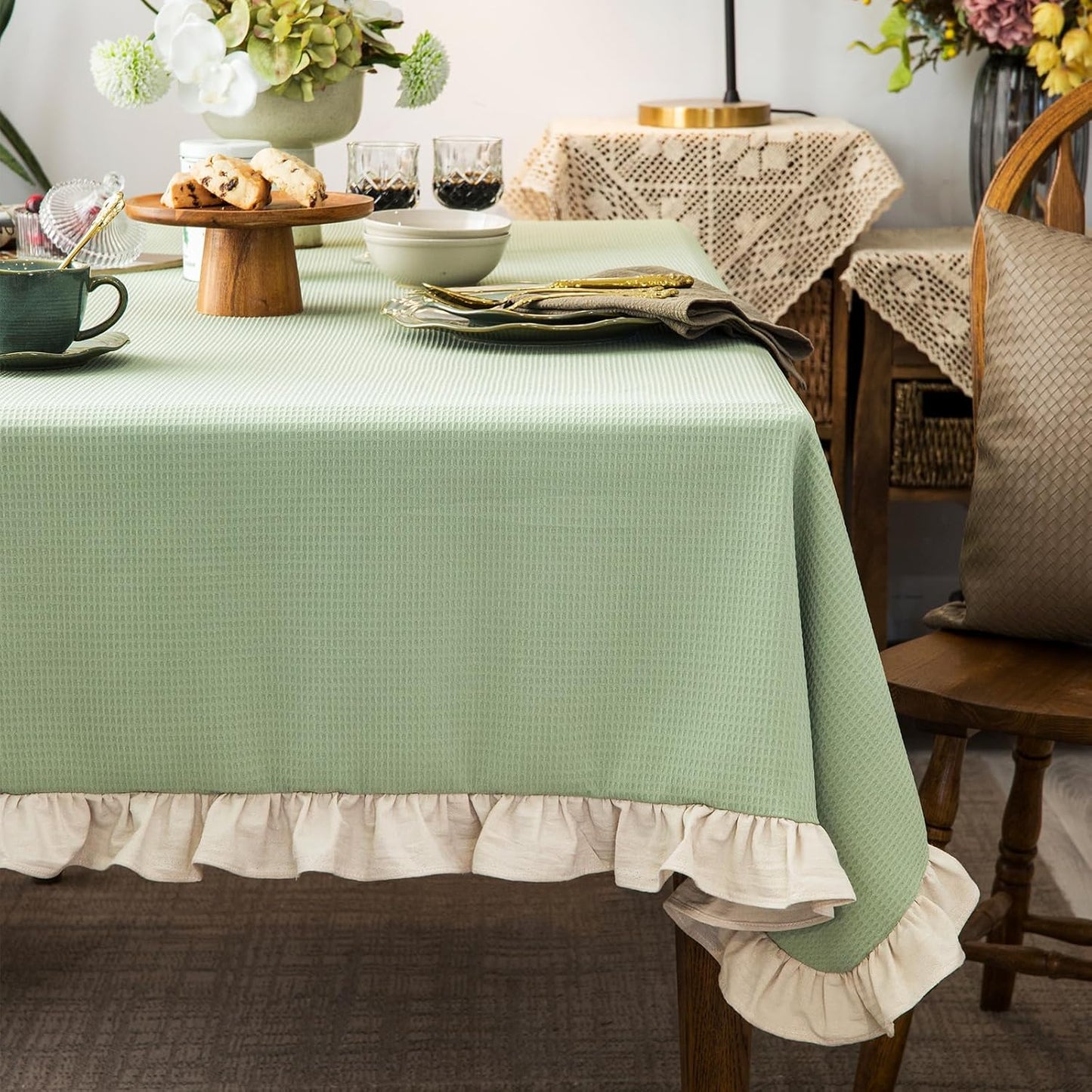 Waffle Weave Textured Tablecloth with Ruffle Trim for Dining