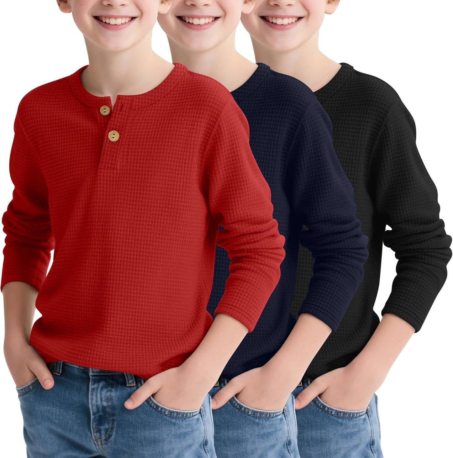 Boy's Henley Long Sleeve Shirts for School - 3 Pack Waffle Tops