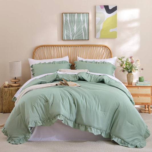 JANZAA Queen Comforter Set Sage Green for Vintage Farmhouse Style