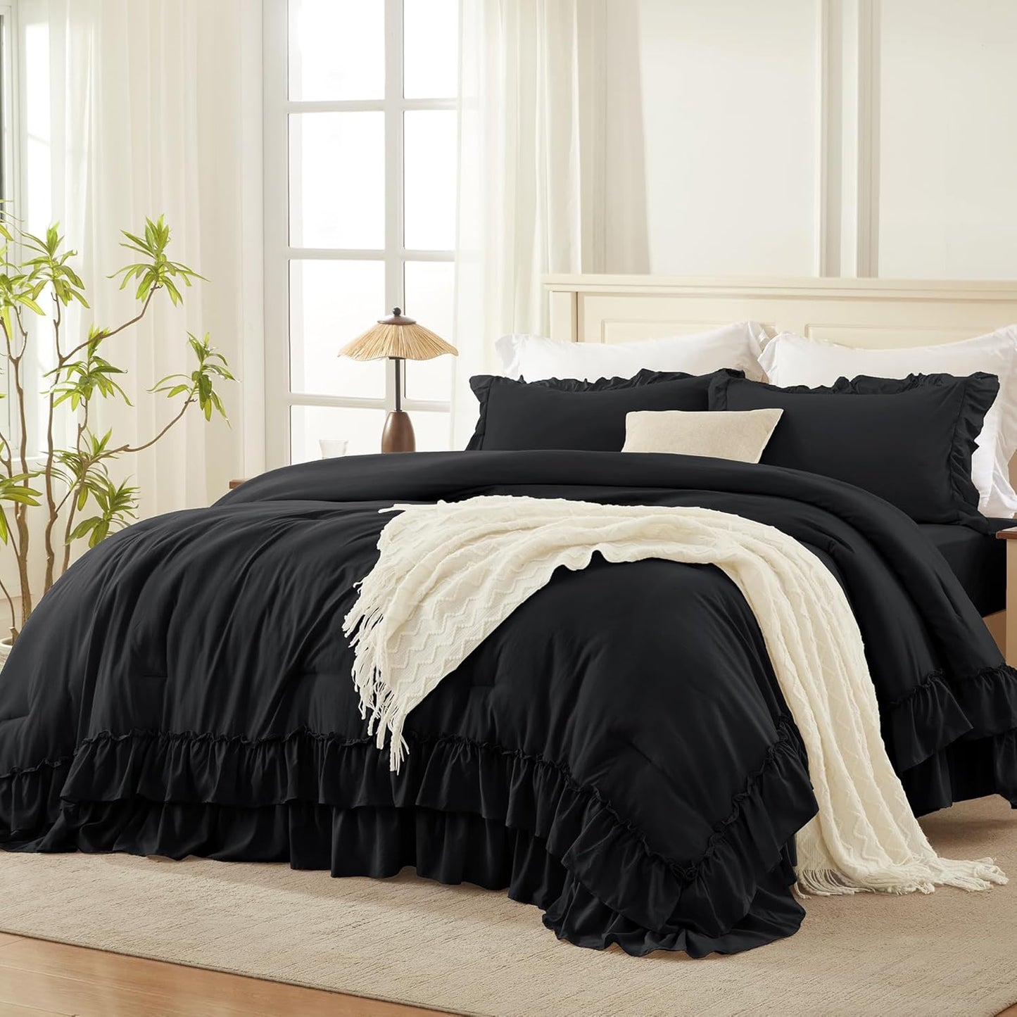 Black Full Size Comforter Set with Elegant Ruffle Design