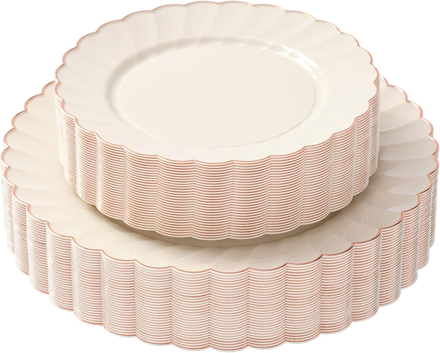 Heavyweight 60 PC Scalloped Ivory Plates with Rose Gold Trim