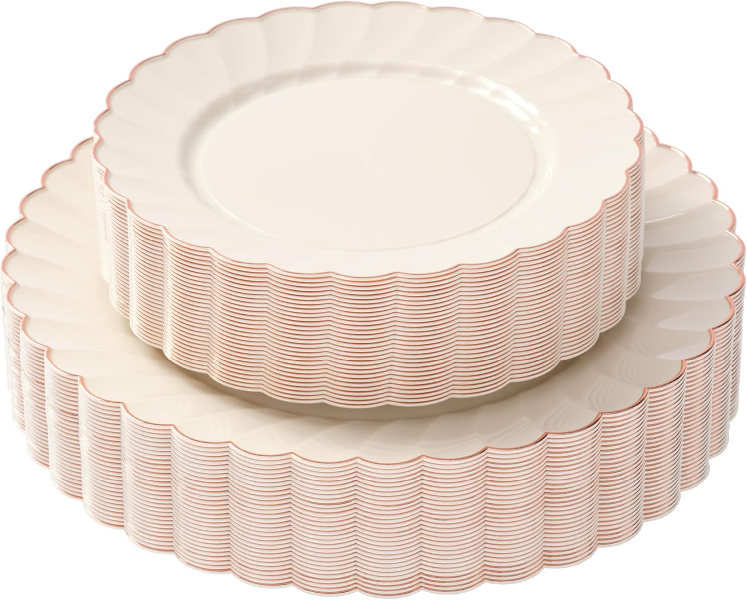 Heavyweight 60 PC Scalloped Ivory Plates with Rose Gold Trim