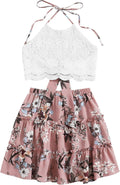 LYANER Women's Summer Lace Halter Cami Crop Top Skirt Set