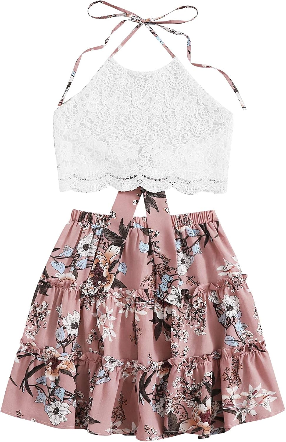LYANER Women's Summer Lace Halter Cami Crop Top Skirt Set