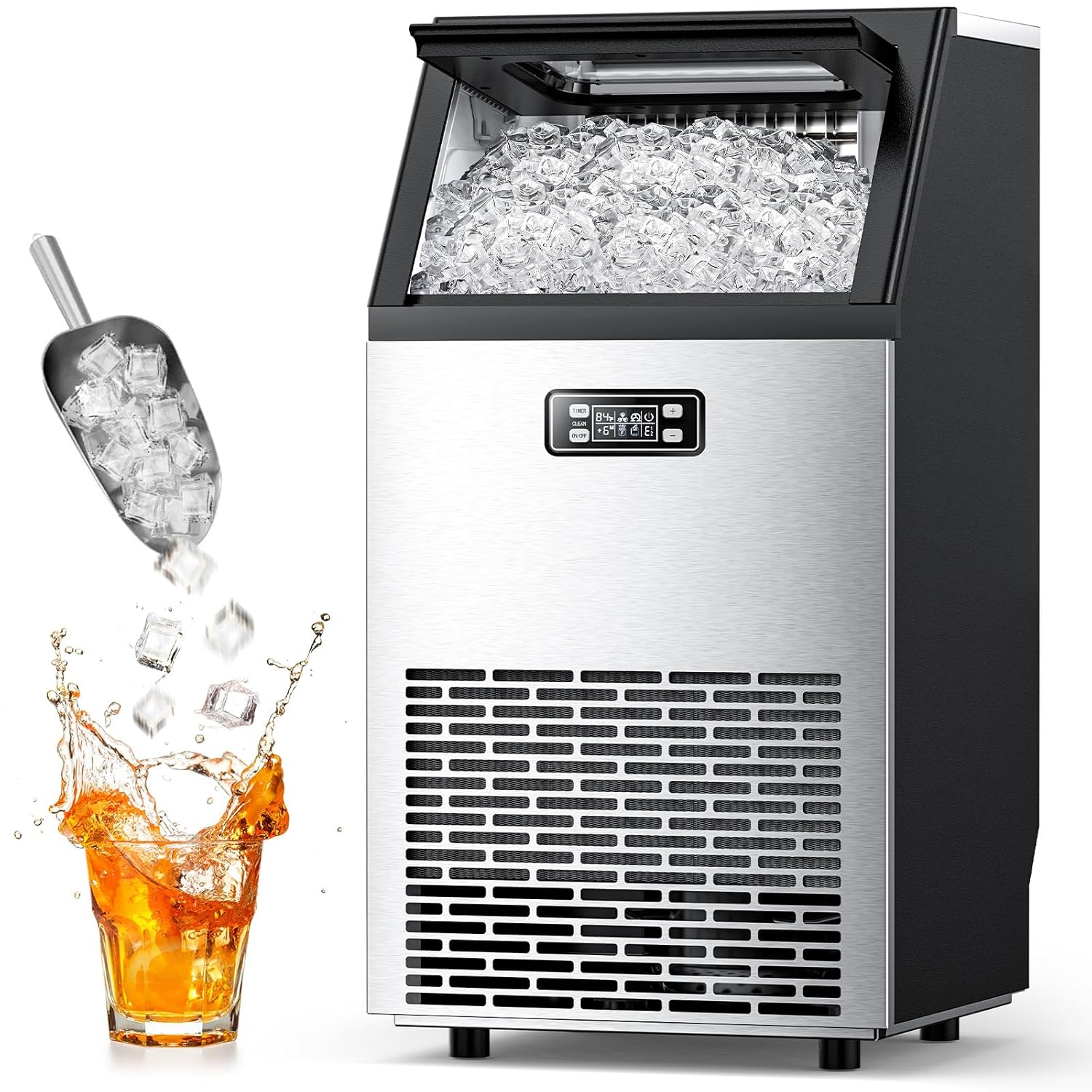 100lbs/24H Stainless Steel Ice Maker - Self-Cleaning, 33lbs Storage, Antarctic Star