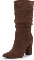 Syktkmx Womens Winter Slouchy High Heel Mid Calf Suede Boots