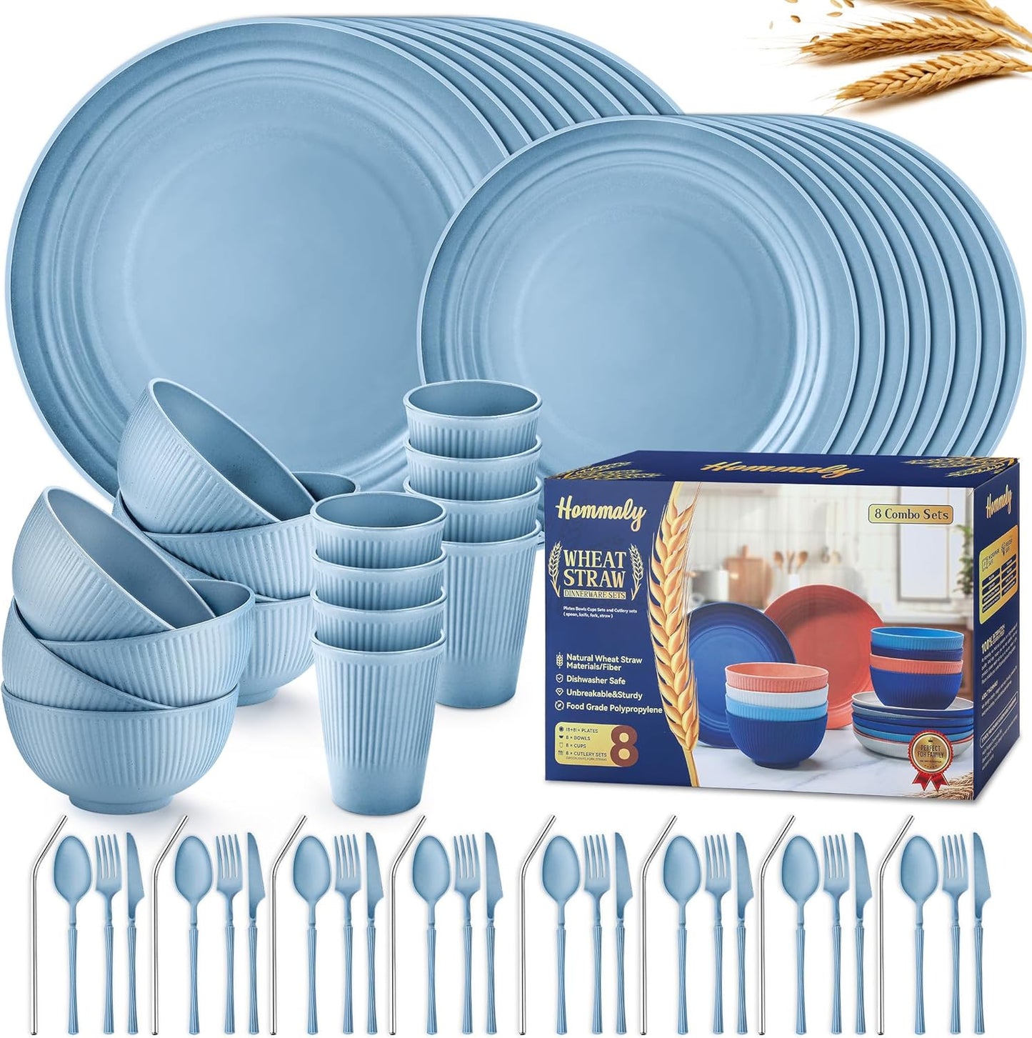 Wheat Straw Dinnerware Sets - Unbreakable 64-Piece Set for 8