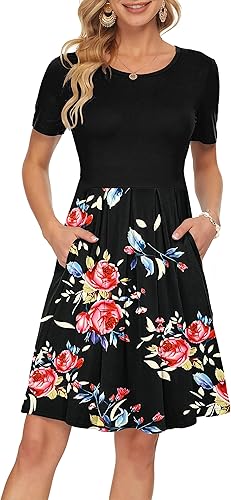 AUSELILY Women's Short Sleeve Pleated Casual Dress with Pockets