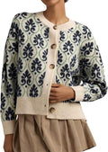 Women Floral Cardigan Sweater Open Front Long Sleeve - Vintage Knit