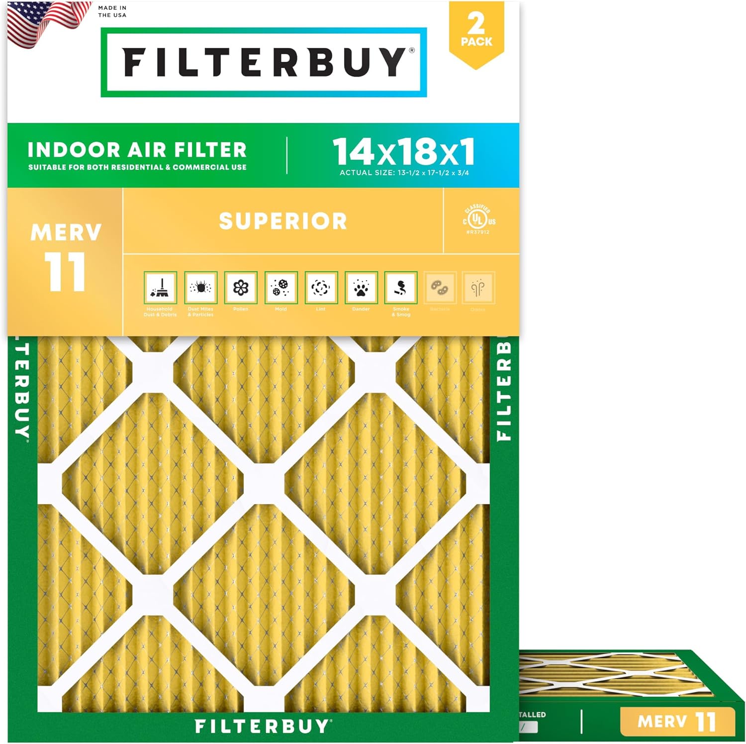 Filterbuy Allergen Defense Filters 2-Pack, MERV 11, 13.50x17.50x0.75