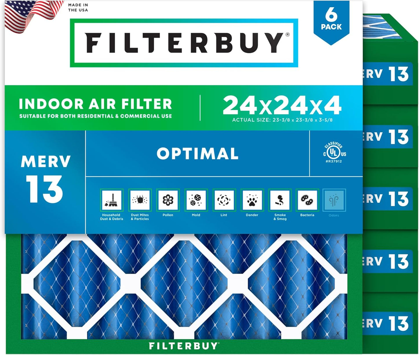Filterbuy 24x24x4 Air Filter MERV 13 for Health Defense