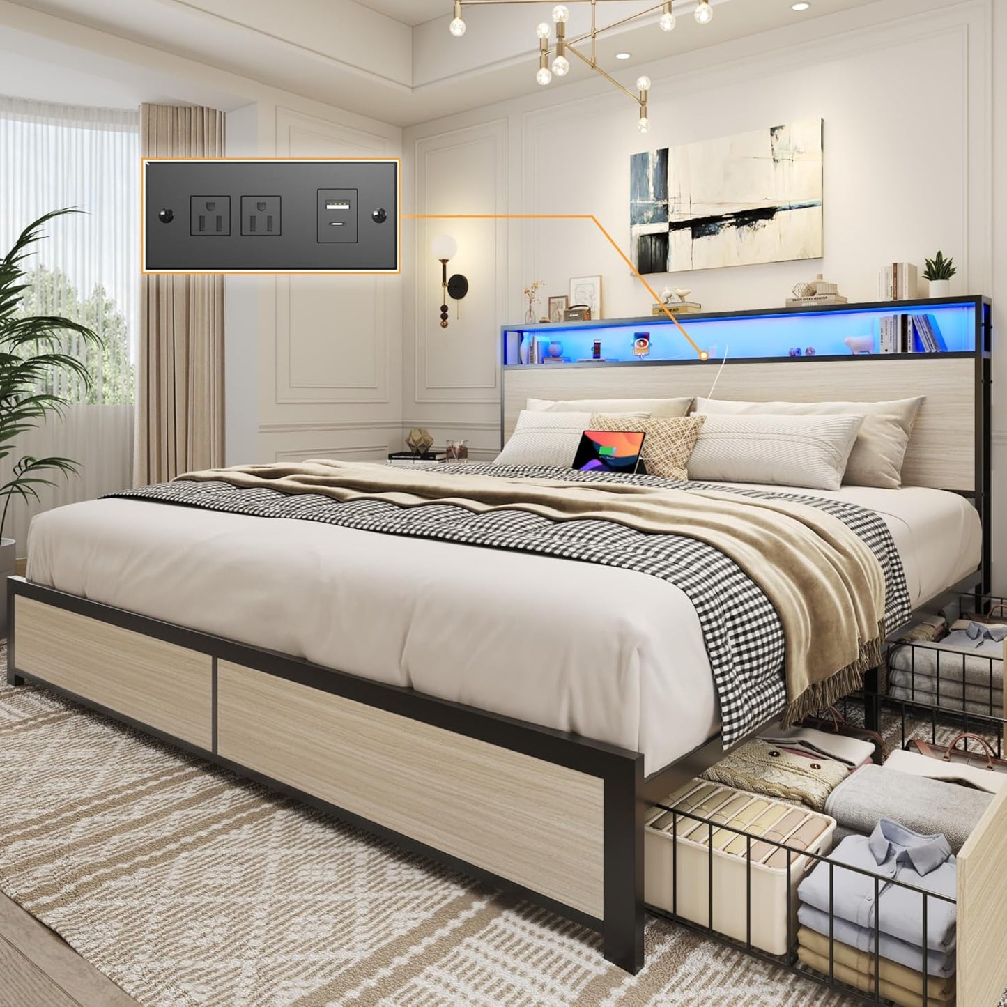 Lifezone King Bed Frame with Storage Headboard and LED Lights