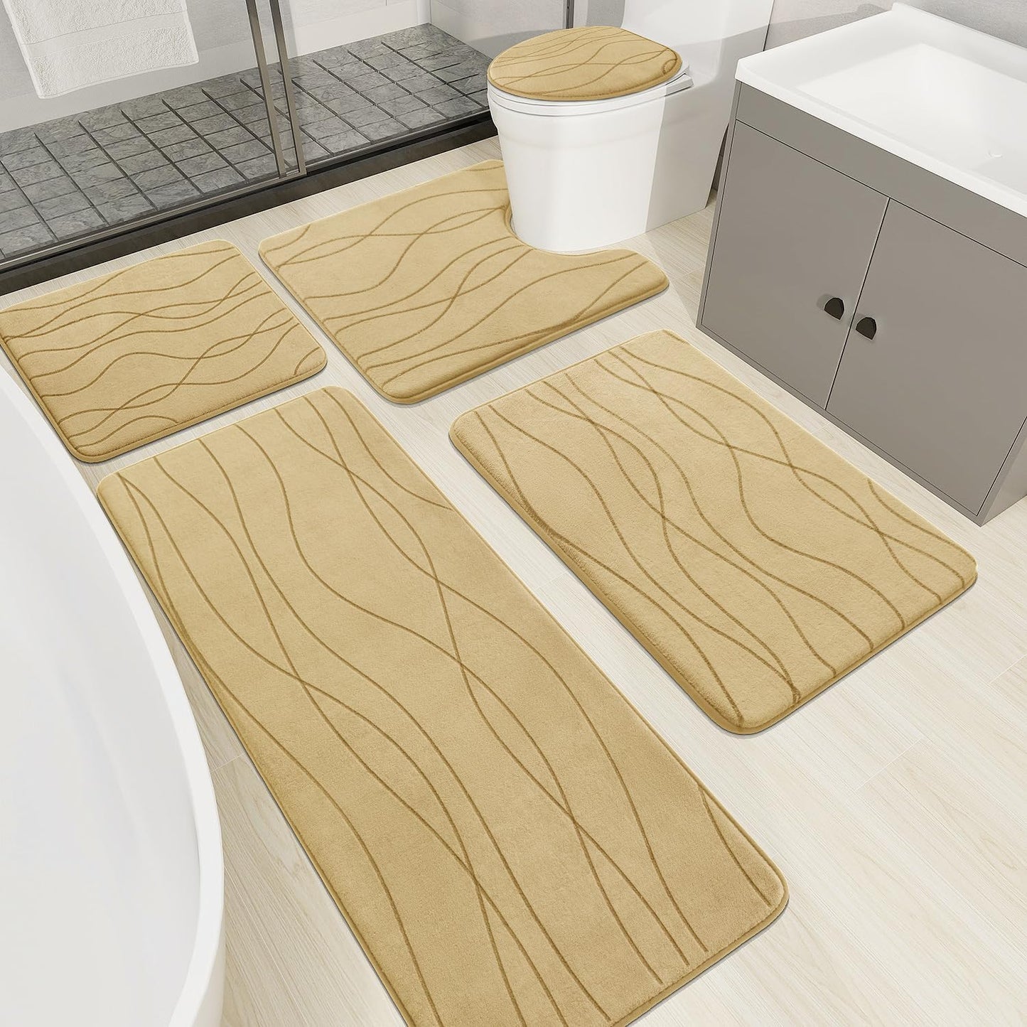 YIHOUSE Memory Foam Beige Bathroom Rug Sets for Comfort & Style