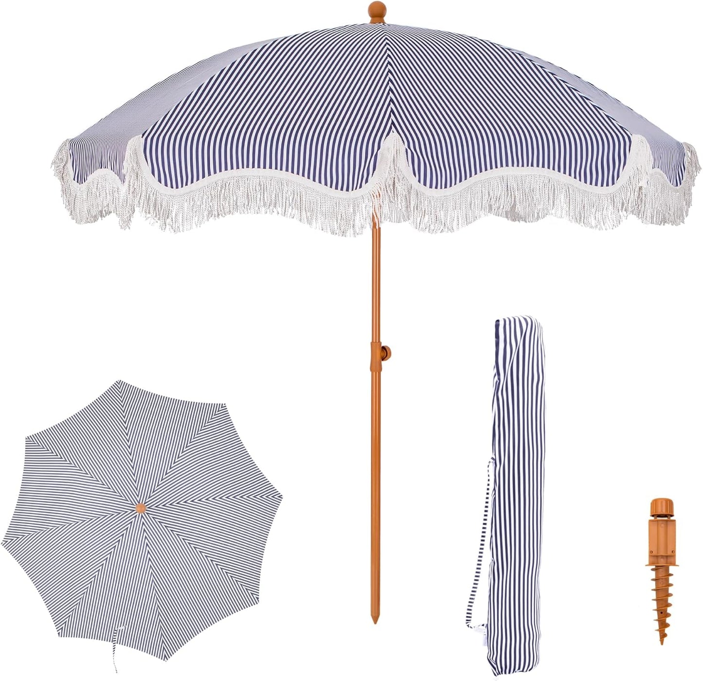 PHI VILLA 7ft Beach Umbrella with Fringe for Outdoor Fun