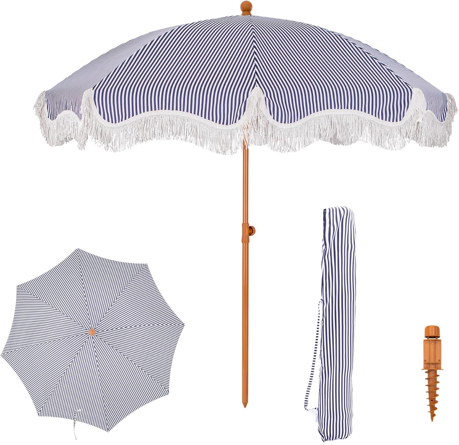 PHI VILLA 7ft Beach Umbrella with Fringe for Outdoor Fun