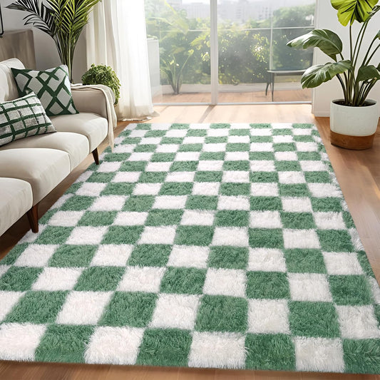 Sage Green and White Checkered Area Rug for Modern Home Decor