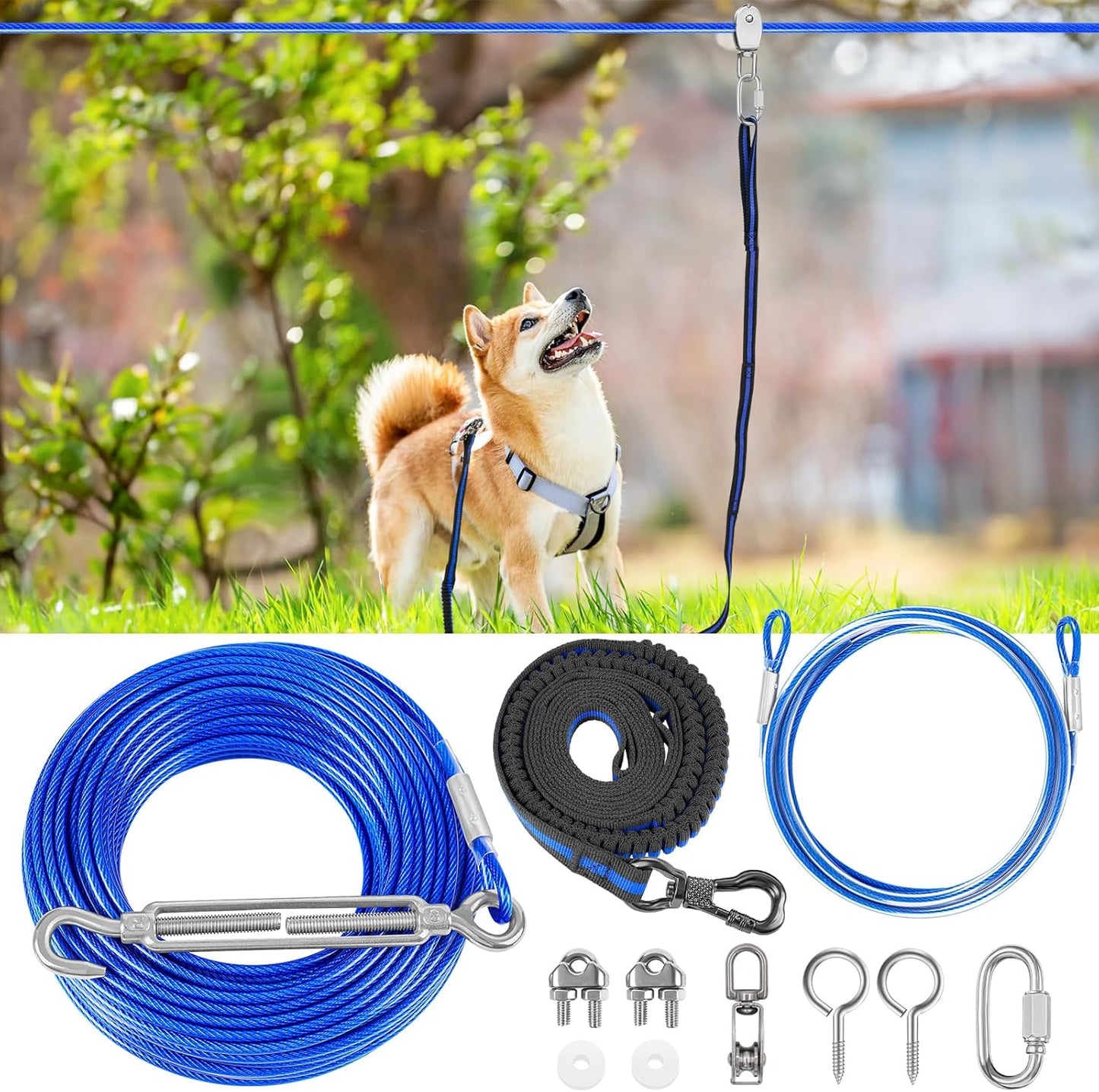 XiaZ Dog Tie Out Cable - 100ft Trolley Runner for Dogs Up to 250lbs