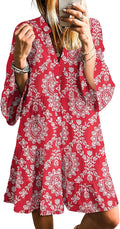 SELINK Womens V Neck Tribal Print Boho Mini Dress - Flowy Casual Beach