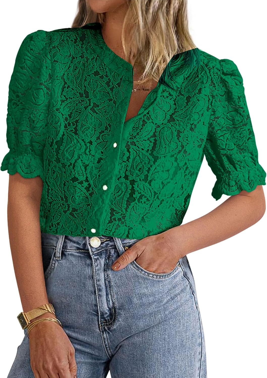 PRETTYGARDEN Womens Lace Tops Short Puff Sleeve Blouses